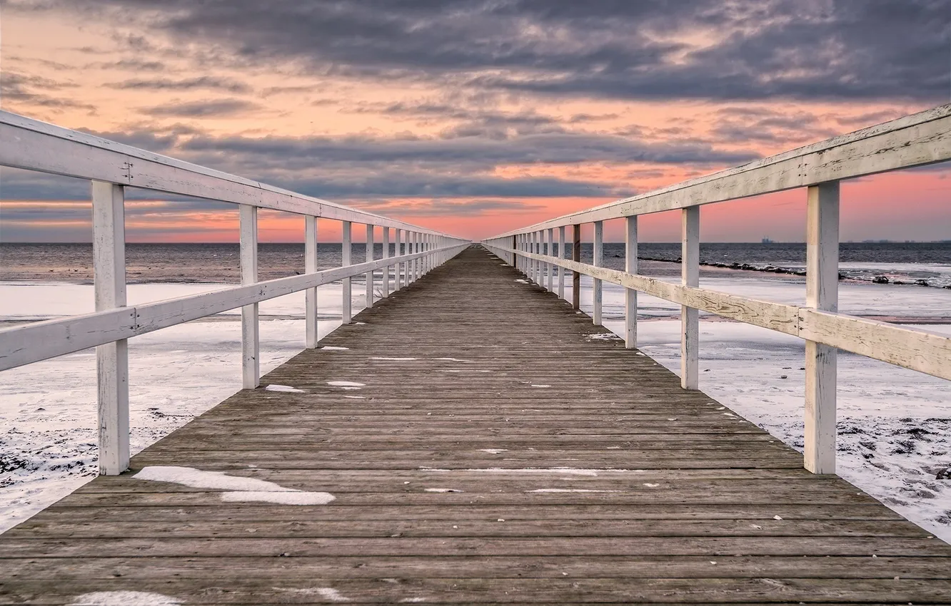 Photo wallpaper sea, sunset, bridge