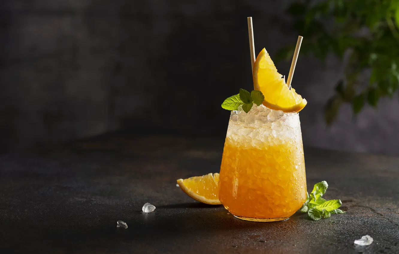 Photo wallpaper glass, juice, drink, cocktail, orange, crushed ice