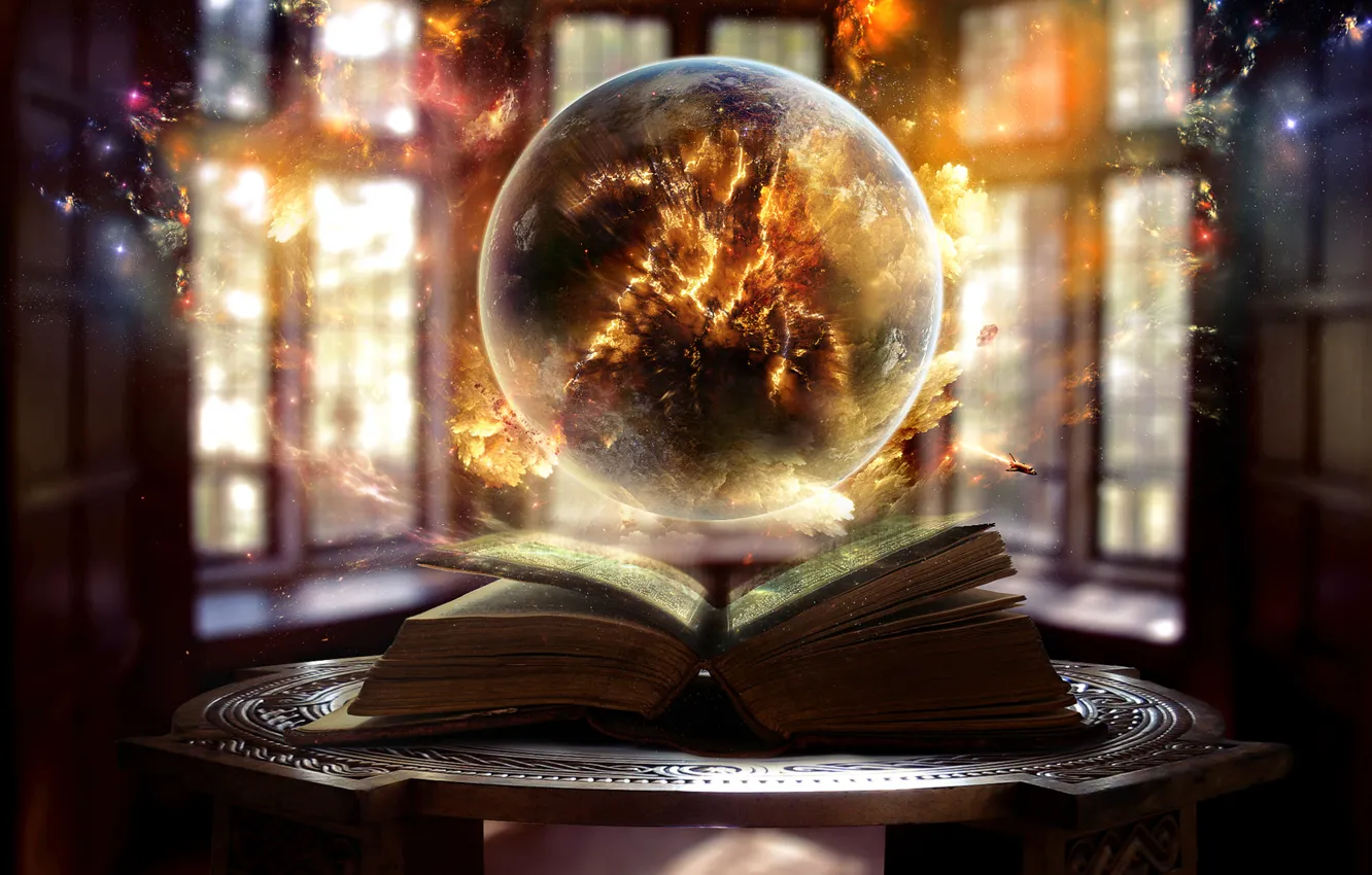 Photo wallpaper light, fire, magic, Windows, ball, Book, sparks, sphere