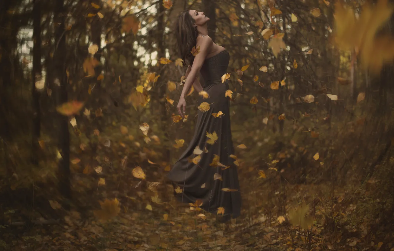 Photo wallpaper autumn, forest, leaves, girl, vortex
