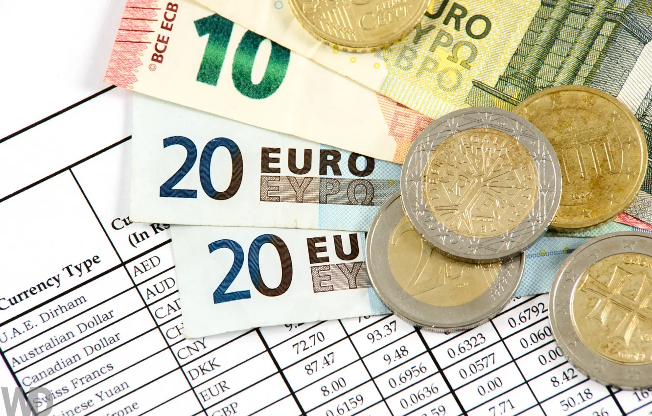 Photo wallpaper macro, money, Euro, coins, bills