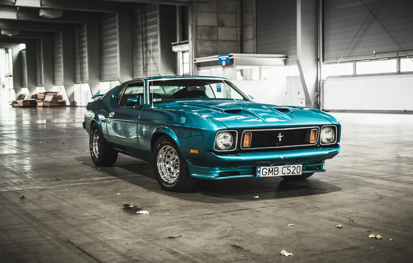 Photo wallpaper lights, Windows, Mustang, Ford, hangar, wheel, sunlight, 1973