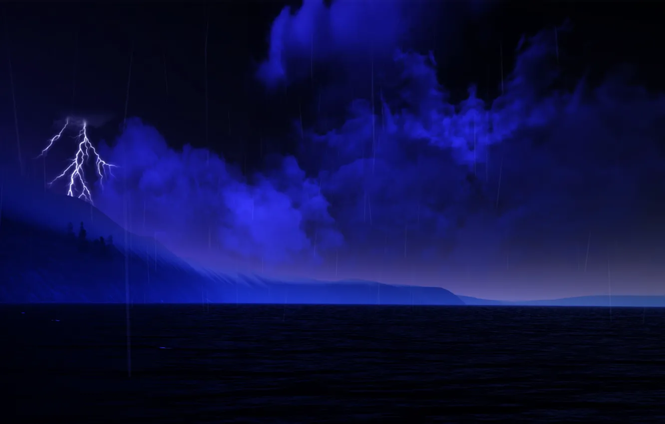 Photo wallpaper sea, the sky, clouds, night, clouds, lightning