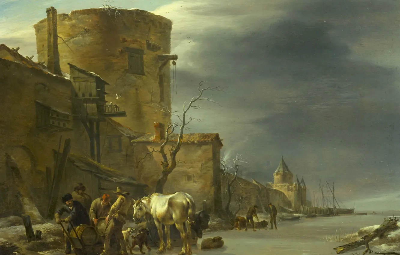 Photo wallpaper landscape, picture, Nicolas Pietersz Berchem, The City Wall Of Haarlem In The Winter