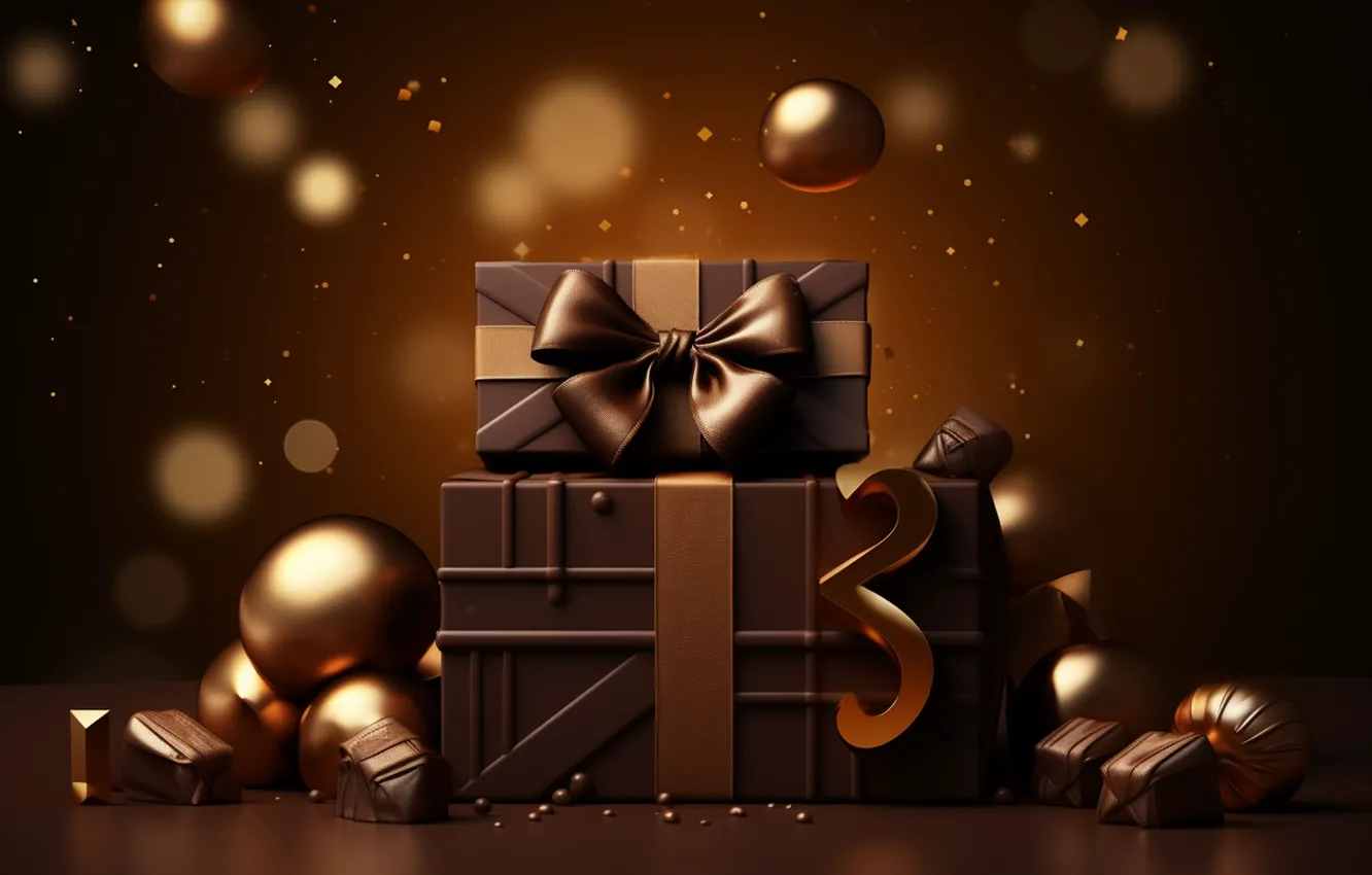 Photo wallpaper balls, the dark background, gift, new year, chocolate, Christmas, gold, gold plated