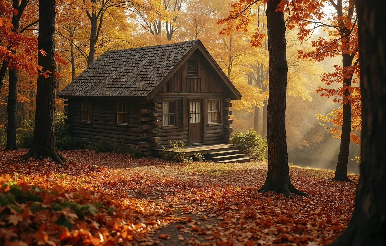 Photo wallpaper autumn, forest, leaves, house, hut, forest, autumn, leaves