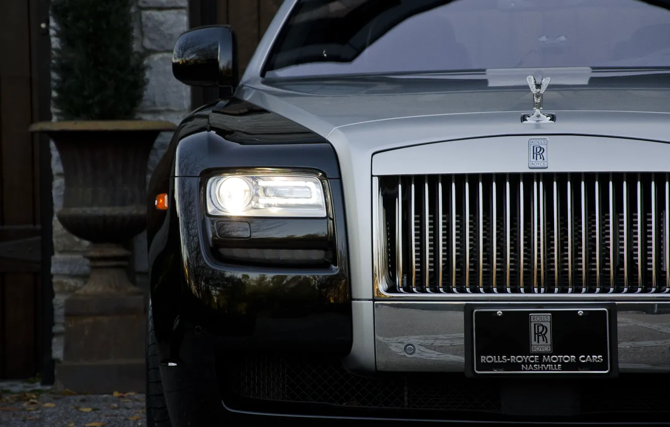 Photo wallpaper black, headlight, Rolls-Royce, before, black, ghost, front, rolls Royce
