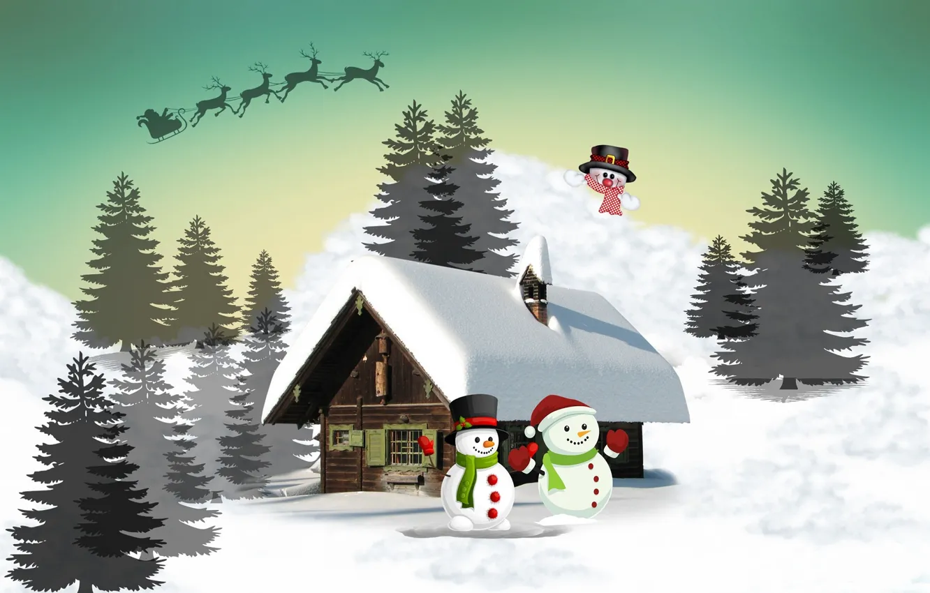 Photo wallpaper snow, landscape, house, Christmas, snowmen