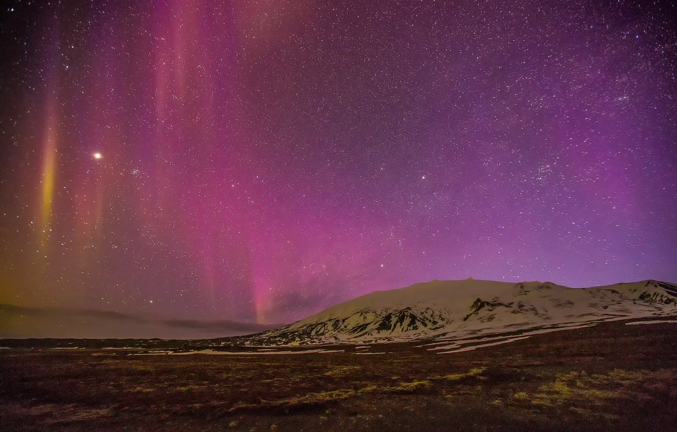 Photo wallpaper field, stars, hills, Northern lights