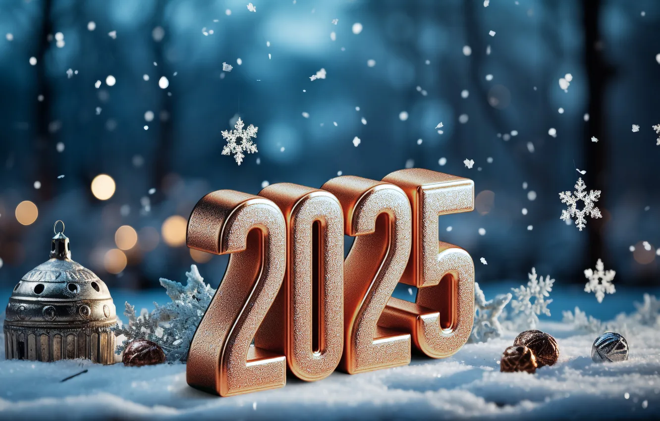 Photo wallpaper snow, decoration, figures, New year, golden, new year, winter, snow
