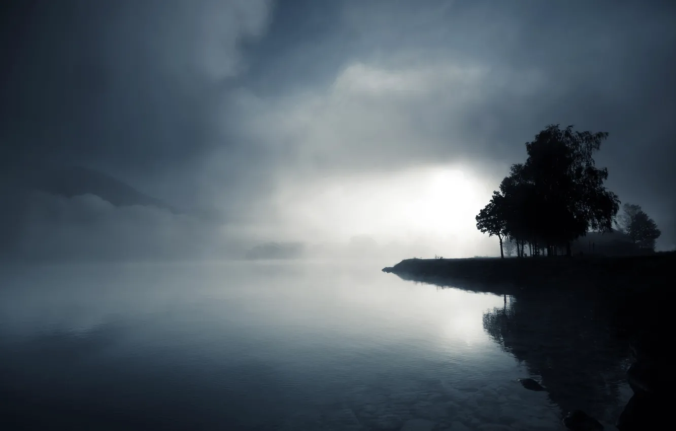 Photo wallpaper water, trees, fog, lake, stones, hills, twilight, black and white