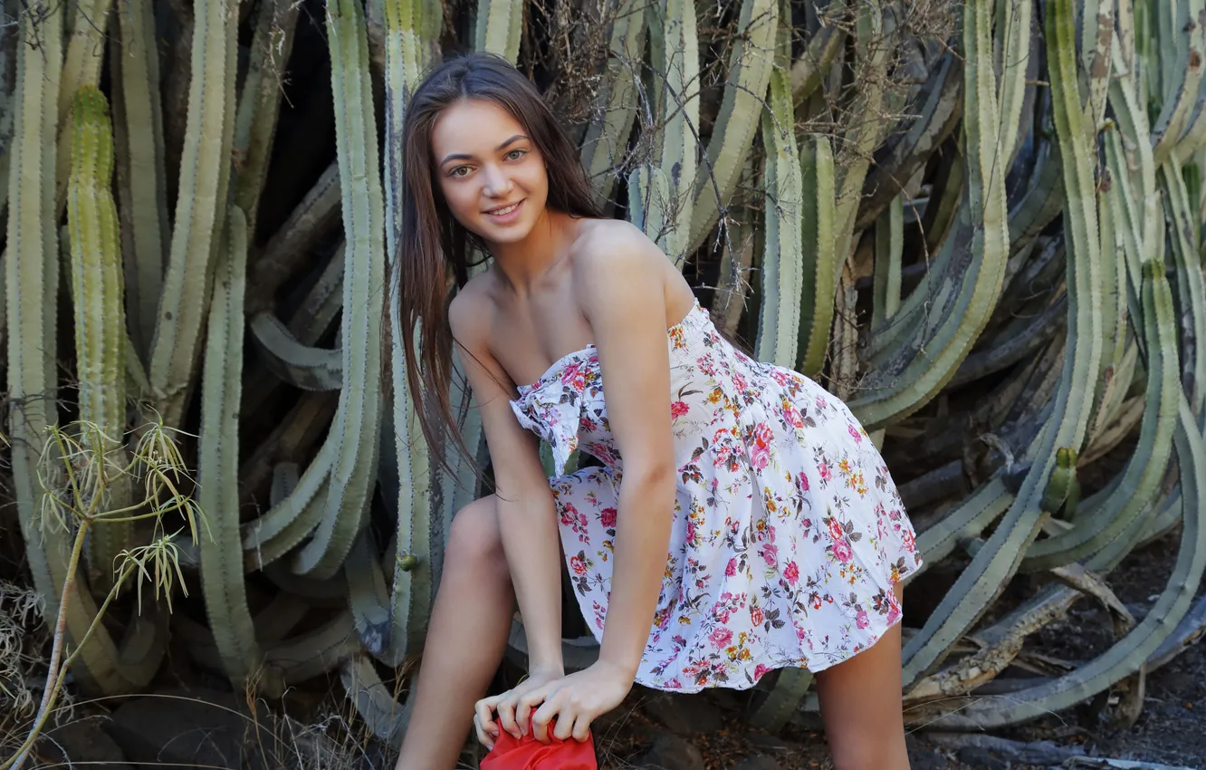Photo wallpaper smile, model, cactus, Angely Grace, Summer Dress, Woman Outdoors