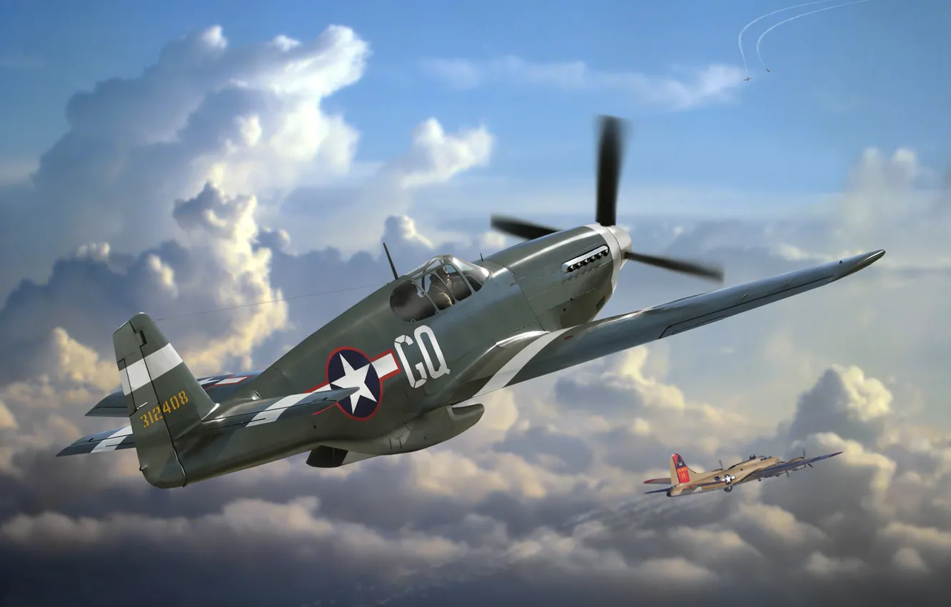 Photo wallpaper the plane, Mustang, fighter, art, USA, the battle, P-51, action