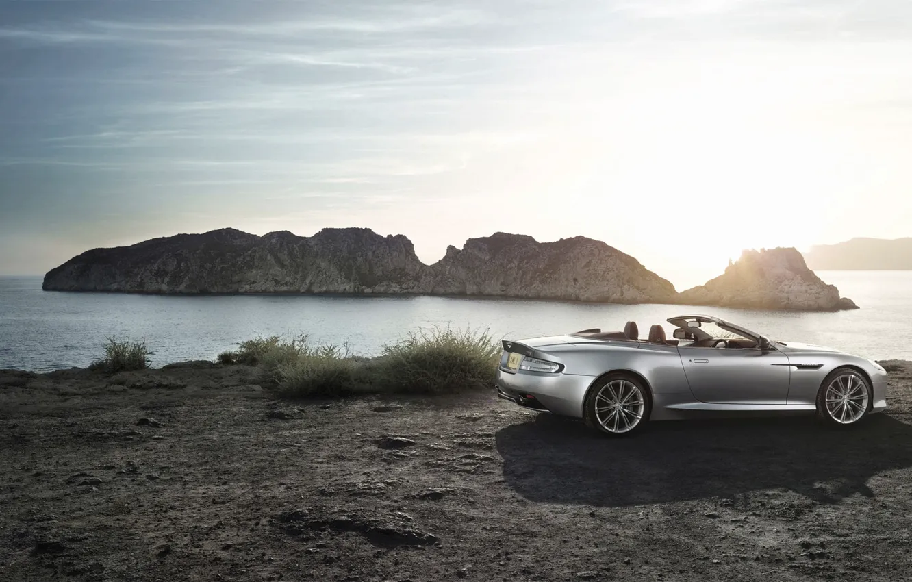 Photo wallpaper Aston Martin, The sun, The sky, Water, Sea, Auto, Convertible, Grey