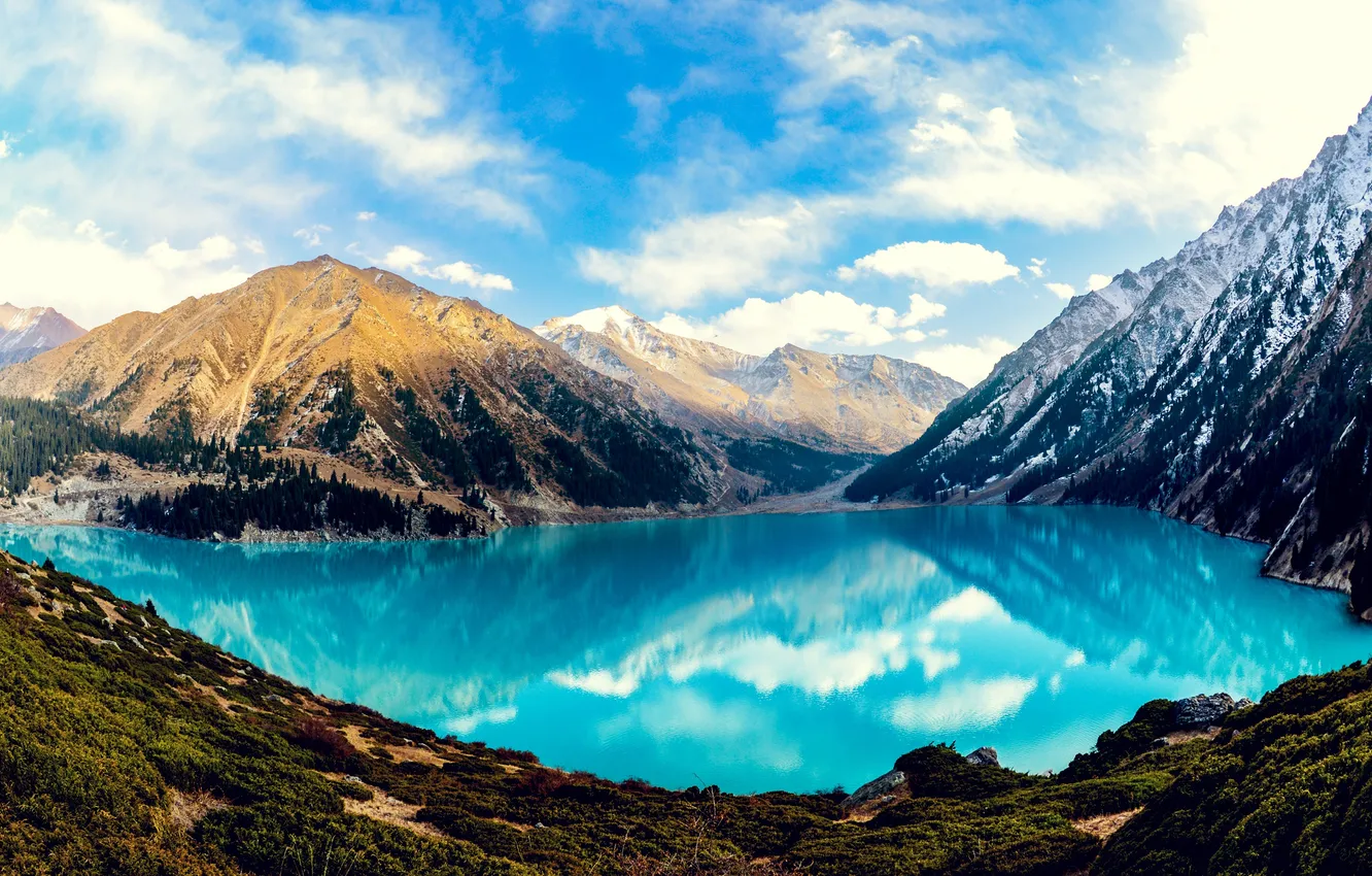 Photo wallpaper forest, the sky, mountains, lake, reflection, beautiful, Kazakhstan, Big Almaty lake