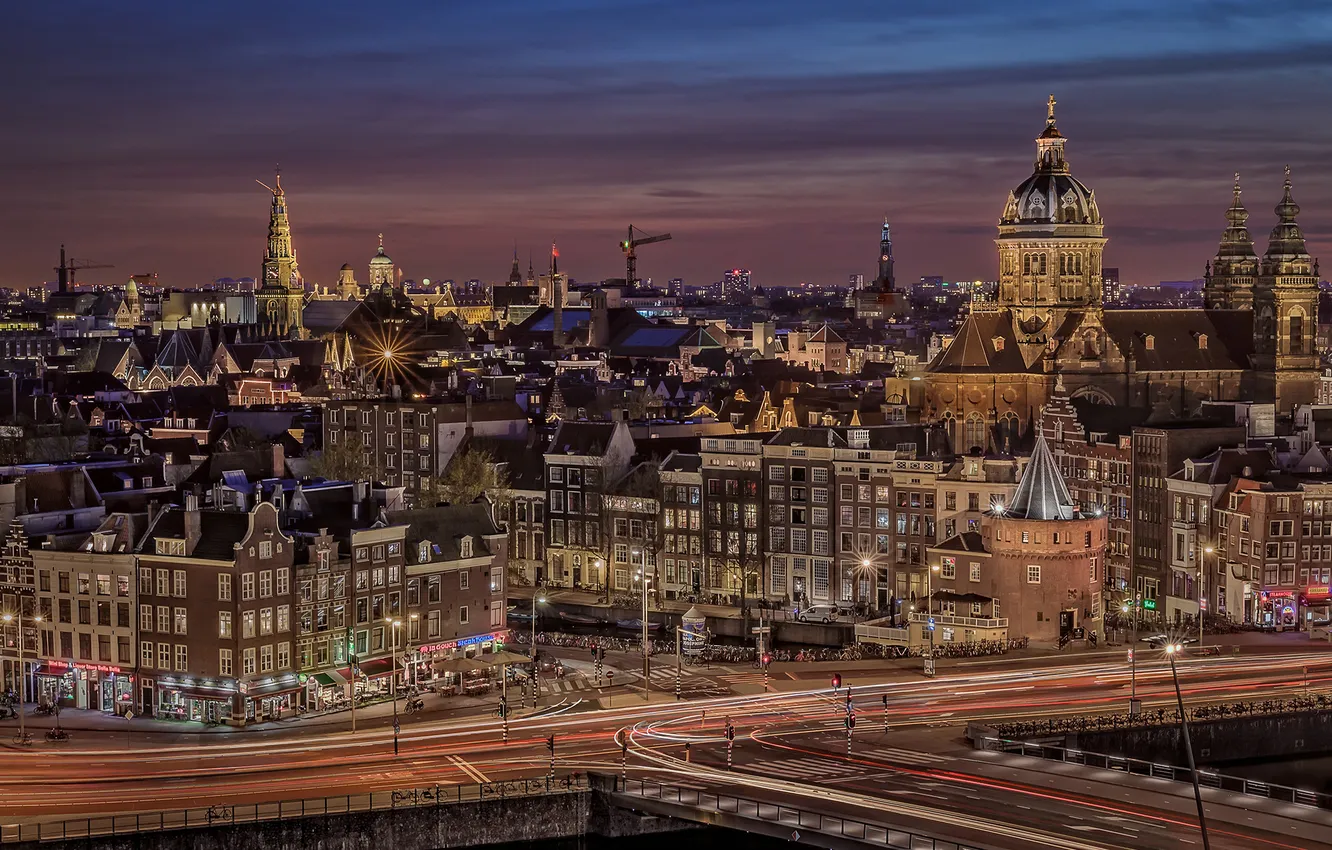 Photo wallpaper the city, lights, home, the evening, Amsterdam, channel, Netherlands