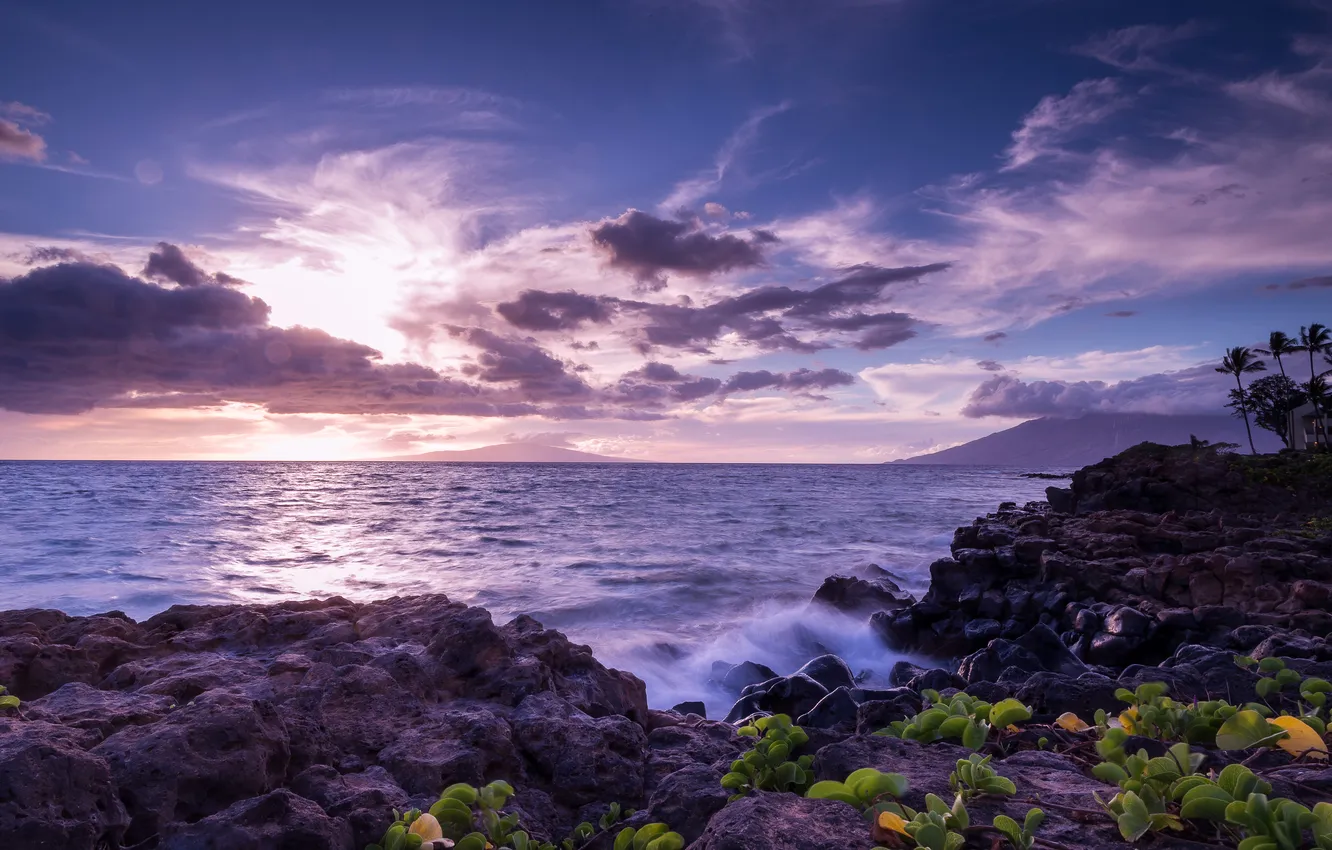 Photo wallpaper the sky, clouds, stones, the ocean, dawn, shore, Hawaii
