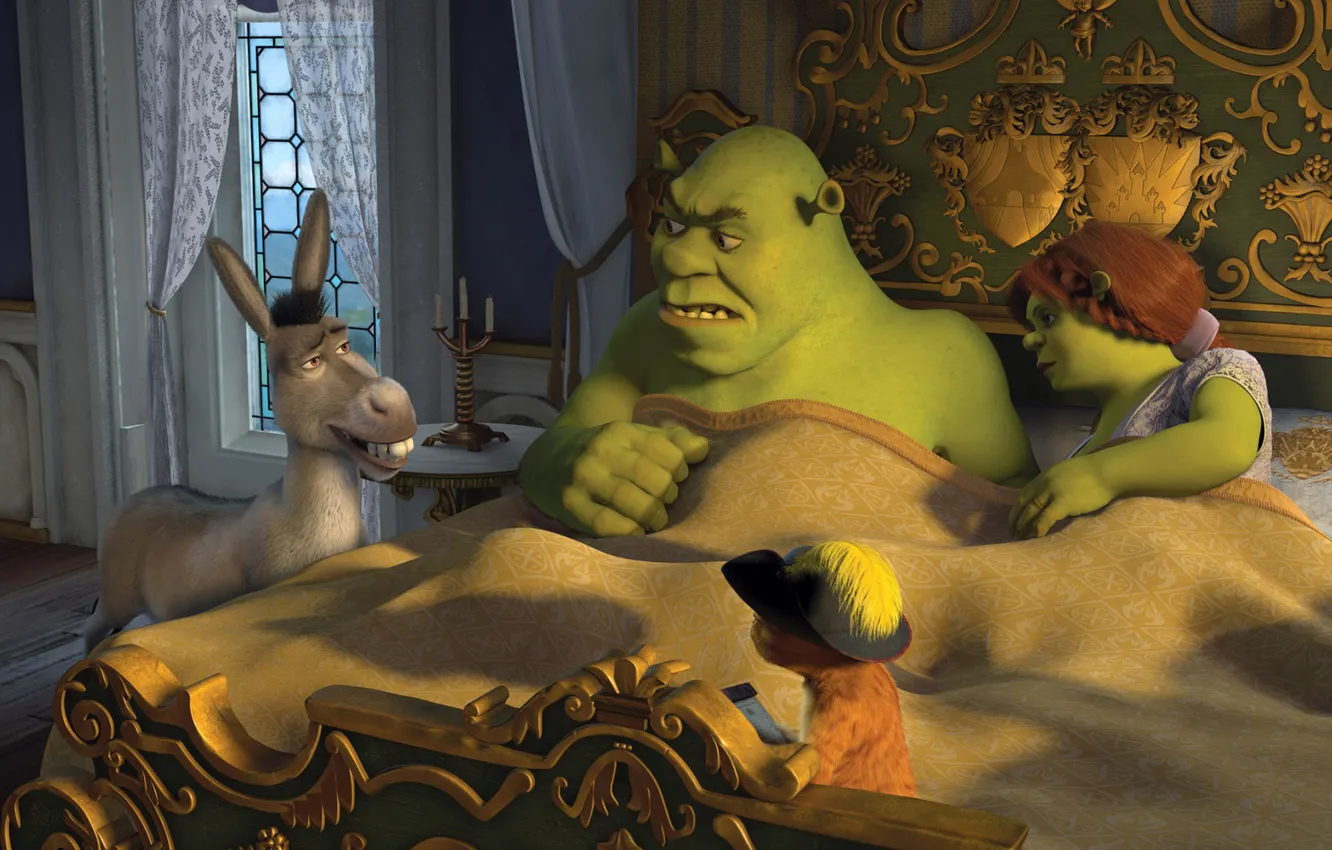 Photo wallpaper cartoon, bed, Shrek, bedroom