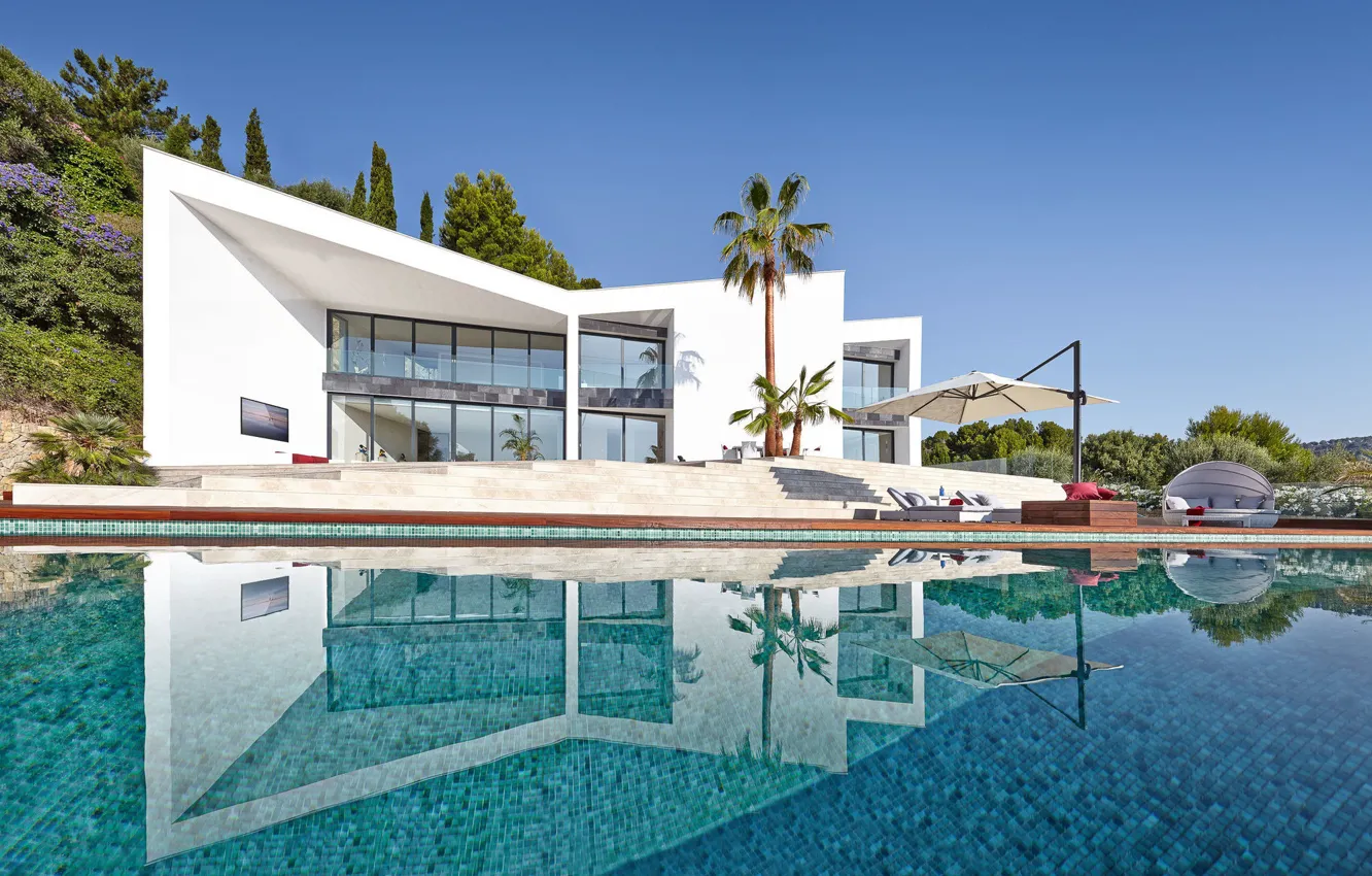 Photo wallpaper design, palm trees, Villa, pool, architecture, Contemporary House in Son Vida