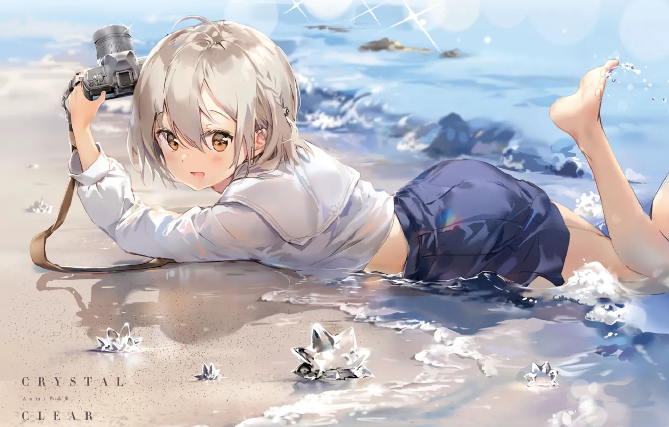 Photo wallpaper wave, glare, the camera, girl, crystals, schoolgirl, vacation, white hair