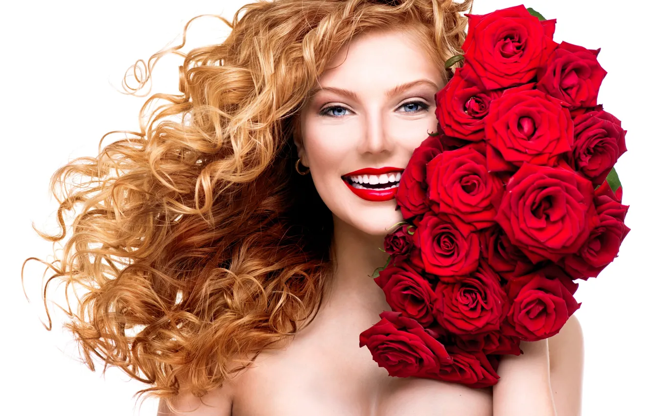 Photo wallpaper girl, smile, roses, makeup, red, curls, a bouquet of flowers, red lips
