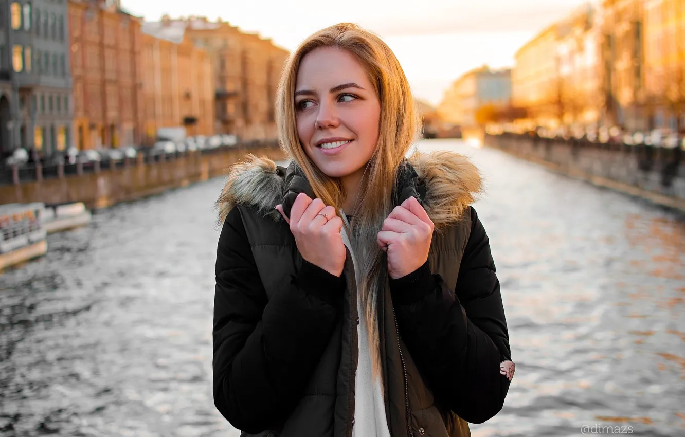 Photo wallpaper water, girl, smile, jacket, blonde, Dmitry Khokhlov