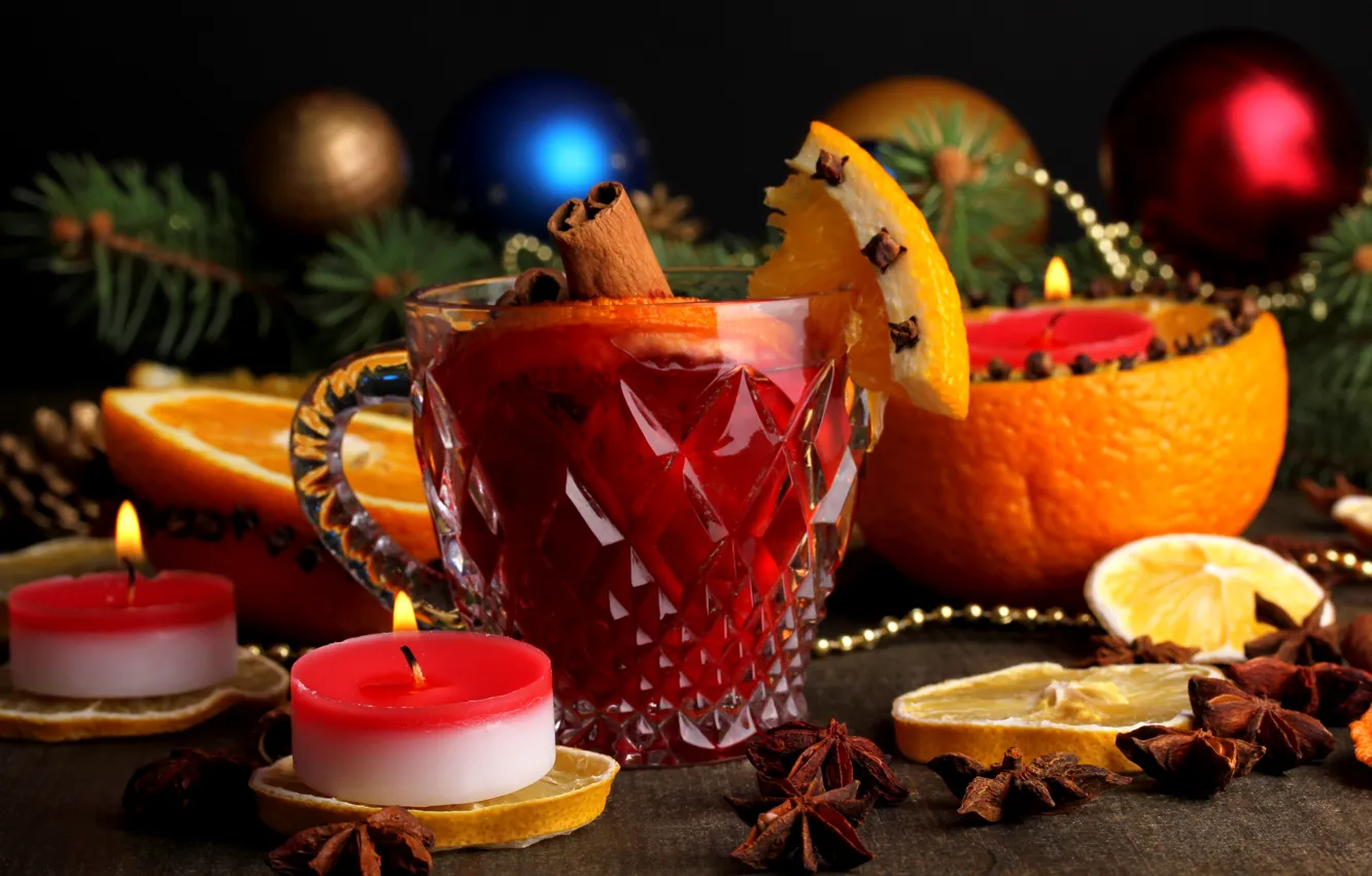 Photo wallpaper winter, branches, holiday, lemon, toy, new year, orange, candles