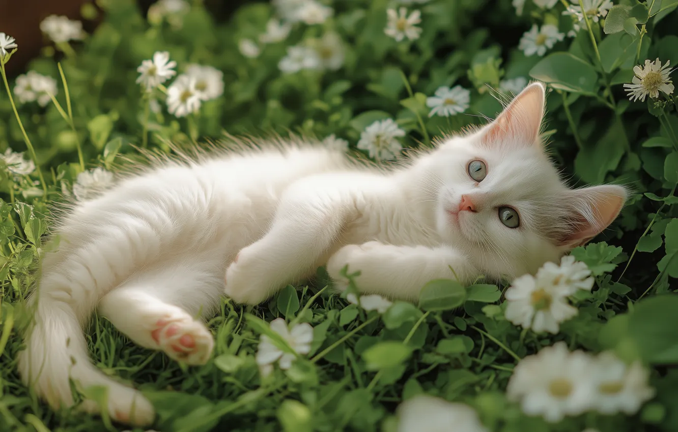 Photo wallpaper greens, cat, white, summer, look, flowers, pose, kitty