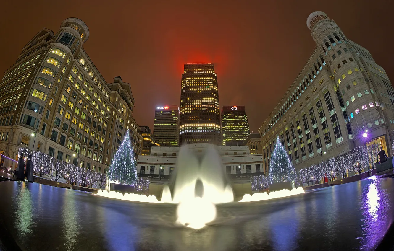 Photo wallpaper lights, holiday, England, London, home, Christmas, fountain, One Canada Square-The Wharf