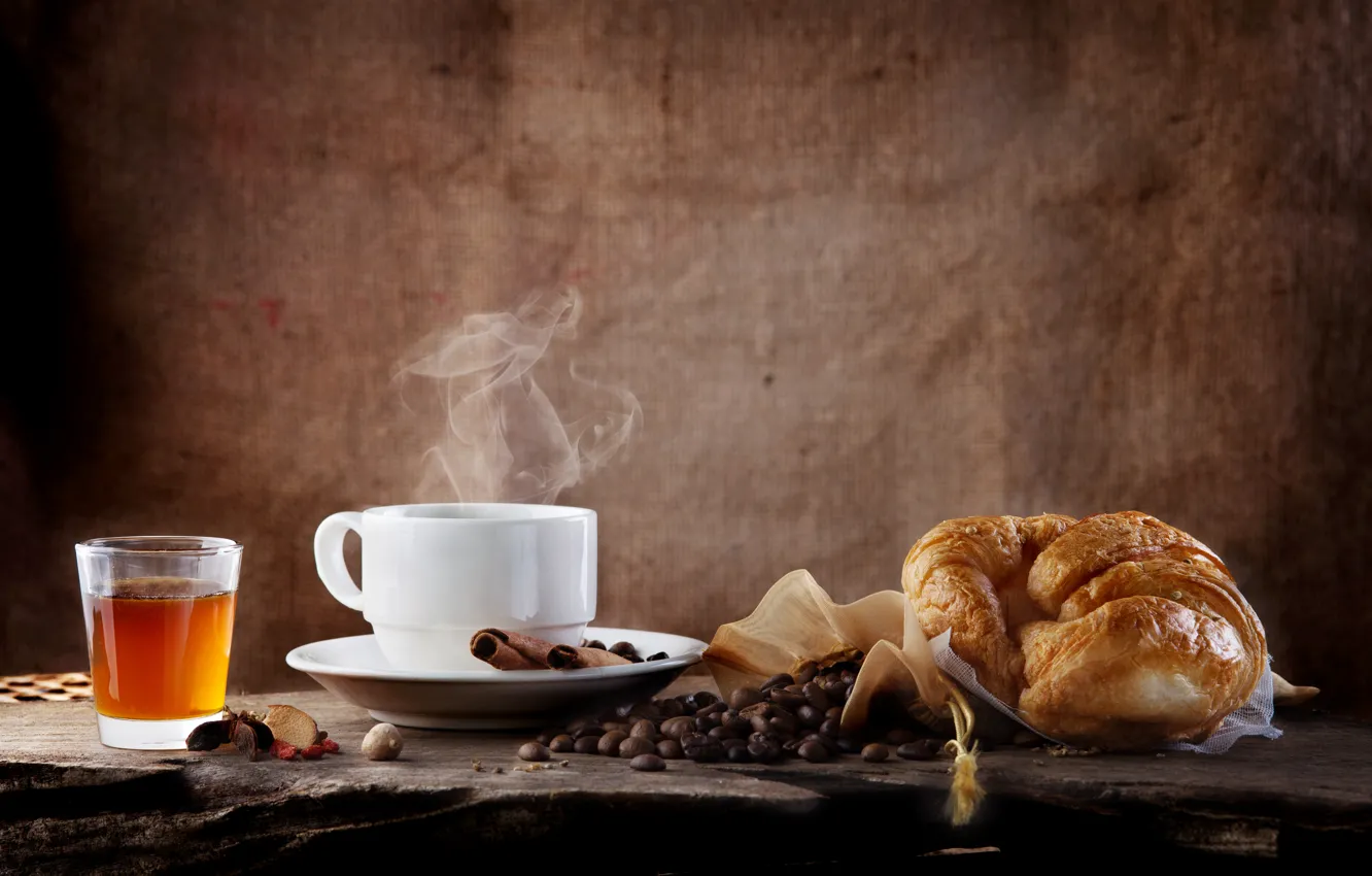 Photo wallpaper coffee, cinnamon, coffee beans, croissant