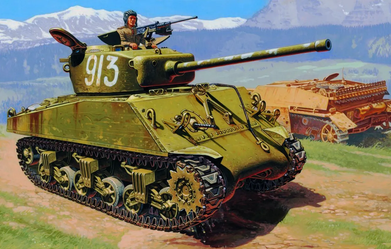 Photo wallpaper war, art, painting, tank, ww2, M4A2 76MM &ampquot;wet&ampquot; Sherman