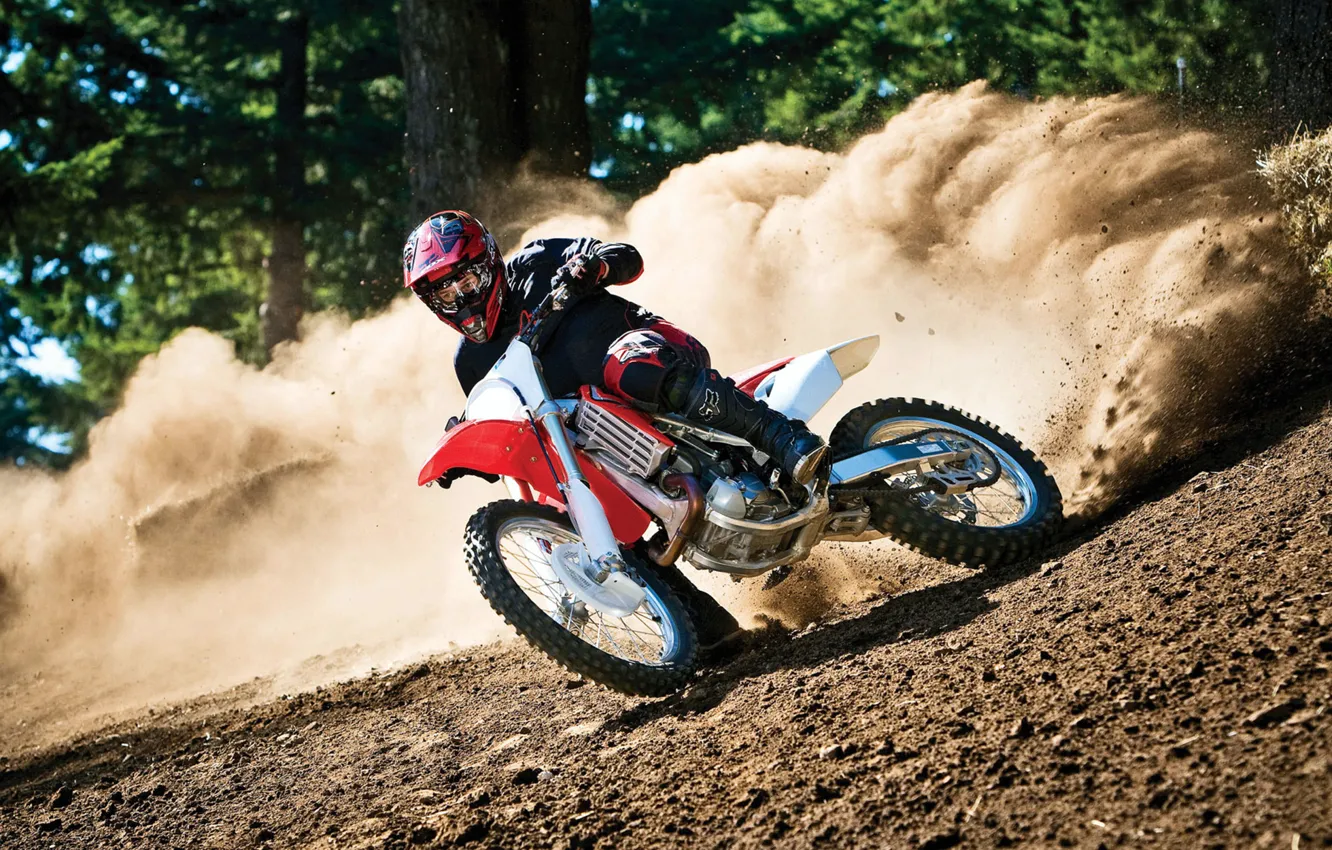 Photo wallpaper track, dust, motorcycle