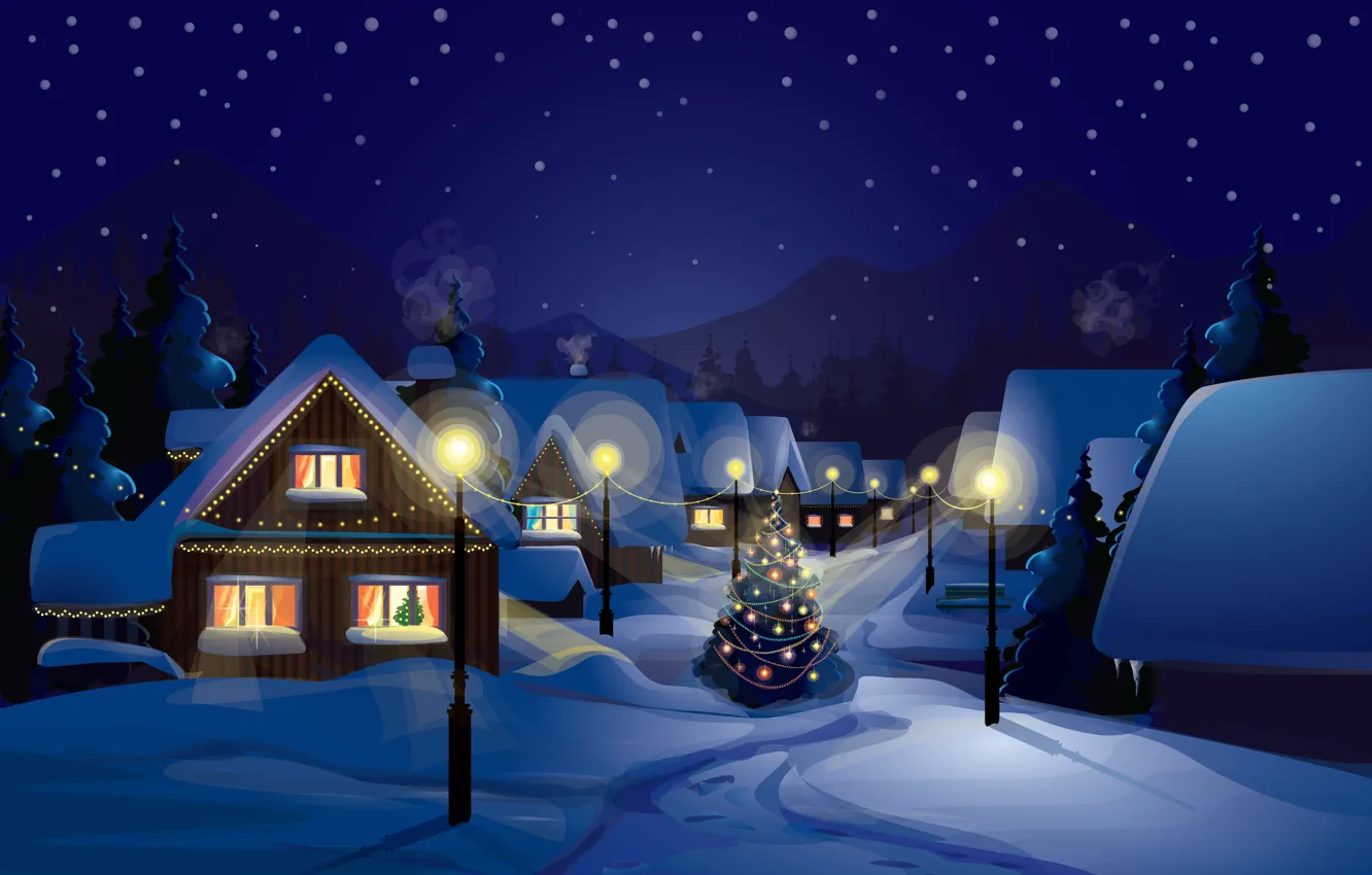 Photo wallpaper snow, decoration, city, the city, lights, lights, vector, graphics