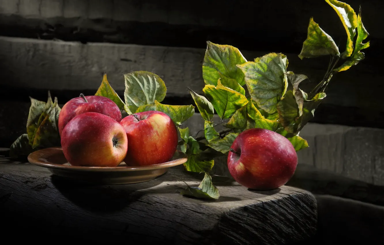 Photo wallpaper leaves, branches, apples, Board, plate, fruit, Sergey Pounder