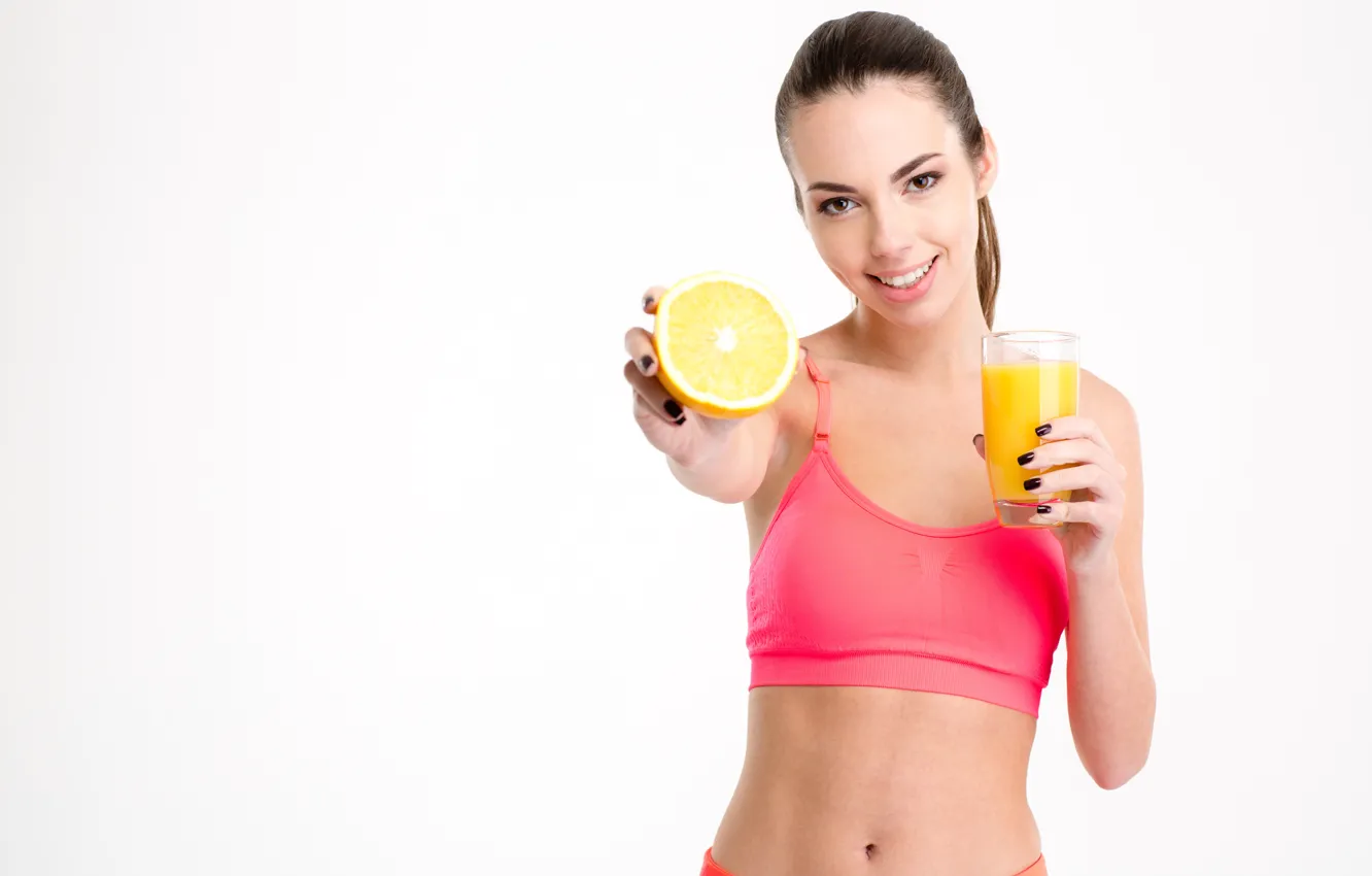 Photo wallpaper woman, smile, delicious, healthy, squeezed orange juice, nutritious