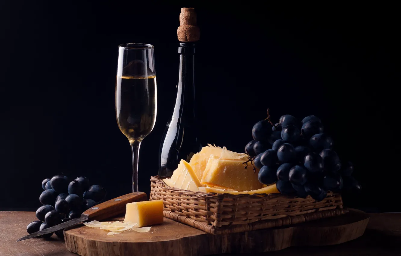 Photo wallpaper wine, glass, bottle, cheese, grapes, black background, grape wine