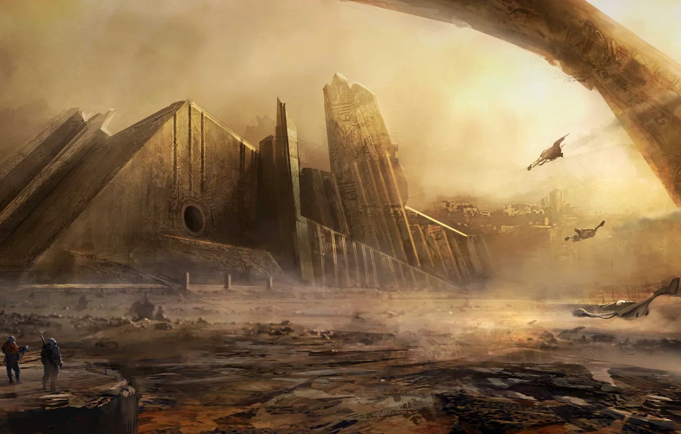 Photo wallpaper desert, ship, ring, art, pyramid, cloudminedesign