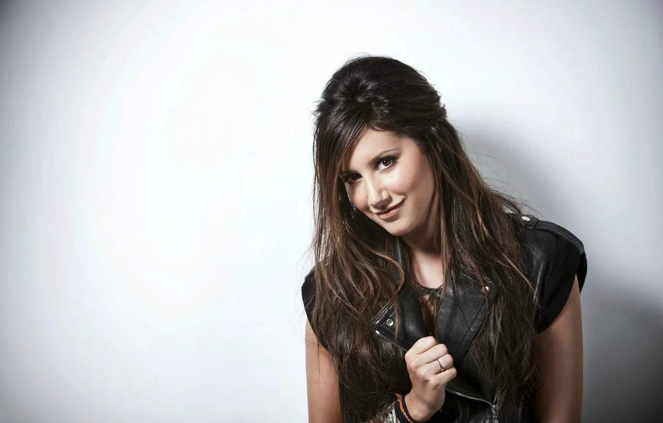 Photo wallpaper smile, hair, brunette, Ashley Tisdale, Ashley Tisdale, leather jacket