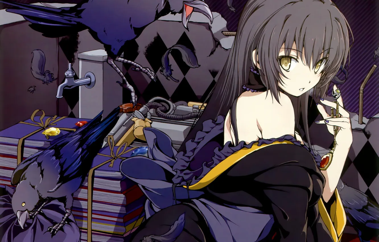 Photo wallpaper girl, decoration, bird, anime, feathers, art, book, chain