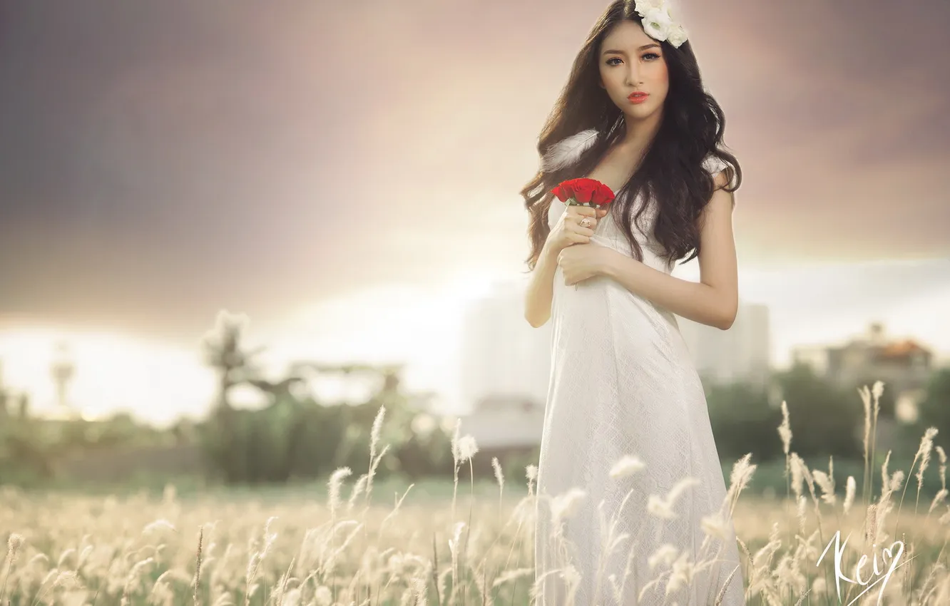 Photo wallpaper girl, flowers, Asian