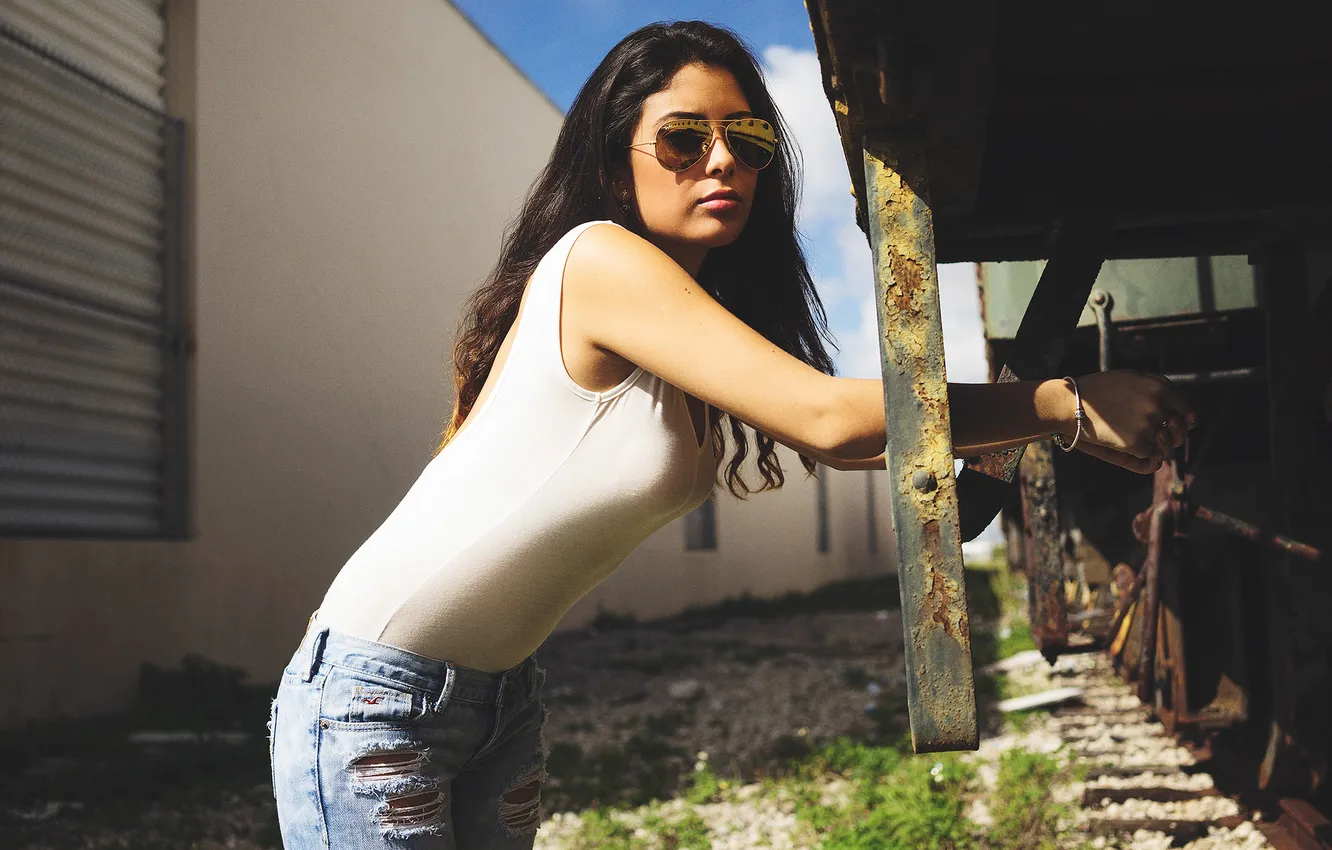 Photo wallpaper girl, jeans, glasses