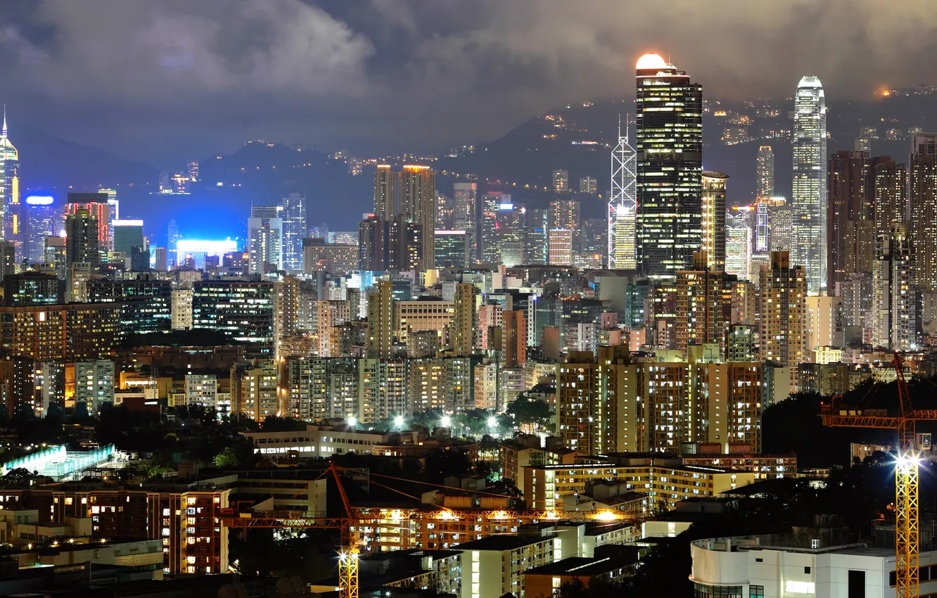Photo wallpaper light, night, the city, lights, building, home, Hong Kong, skyscrapers