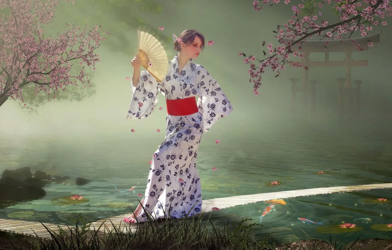Photo wallpaper water, figure, gate, Sakura, fan, kimono
