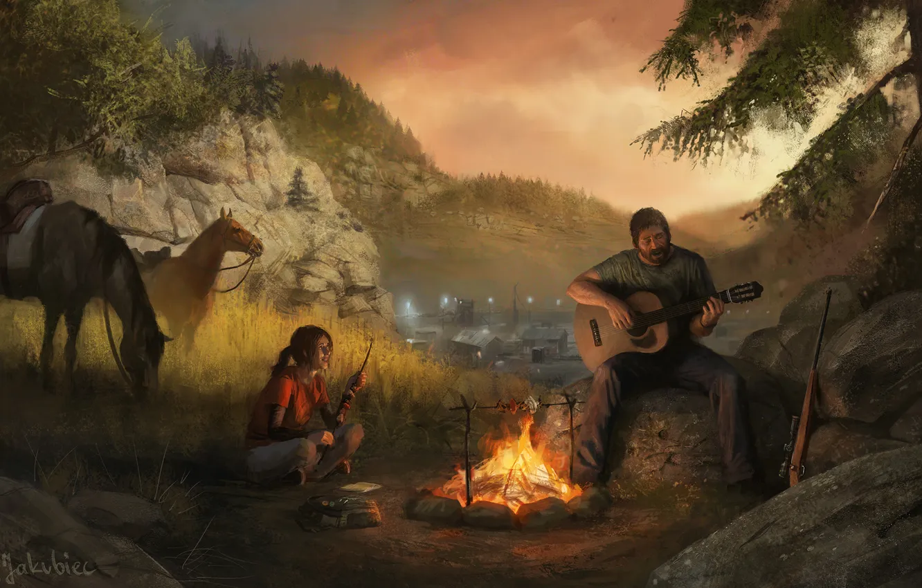 Photo wallpaper lights, horse, guitar, the evening, the fire, Ellie, Joel, Ellie