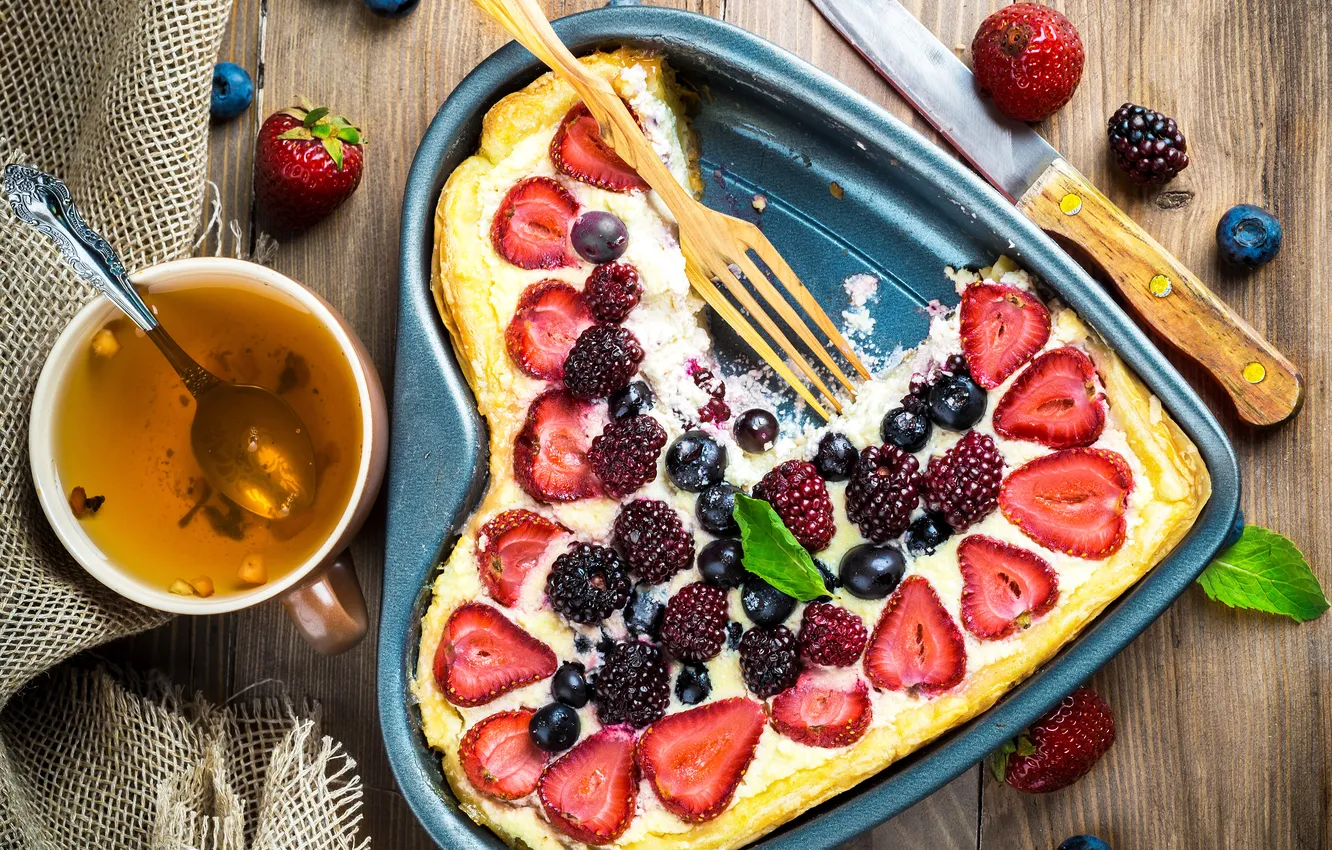 Photo wallpaper berries, tea, heart, blueberries, strawberry, pie, cake, cakes
