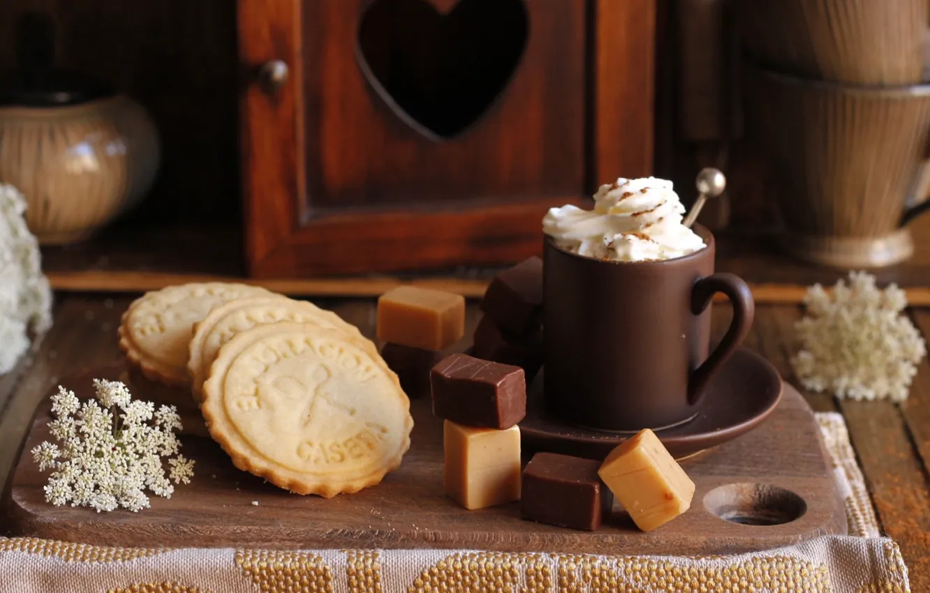 Photo wallpaper coffee, cookies, Cup, sweets, cream