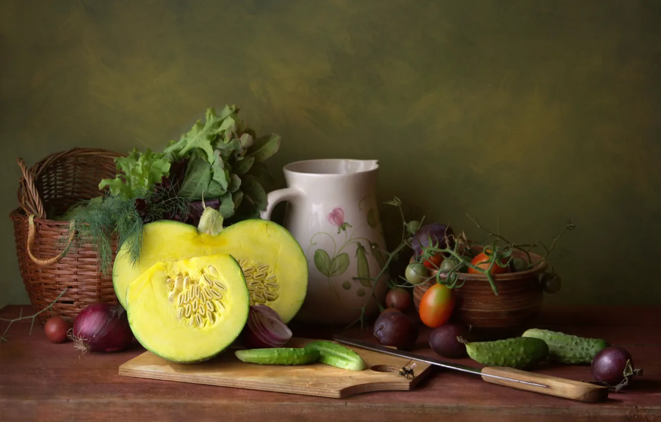 Photo wallpaper greens, table, food, bow, dill, pumpkin, bowl, pitcher