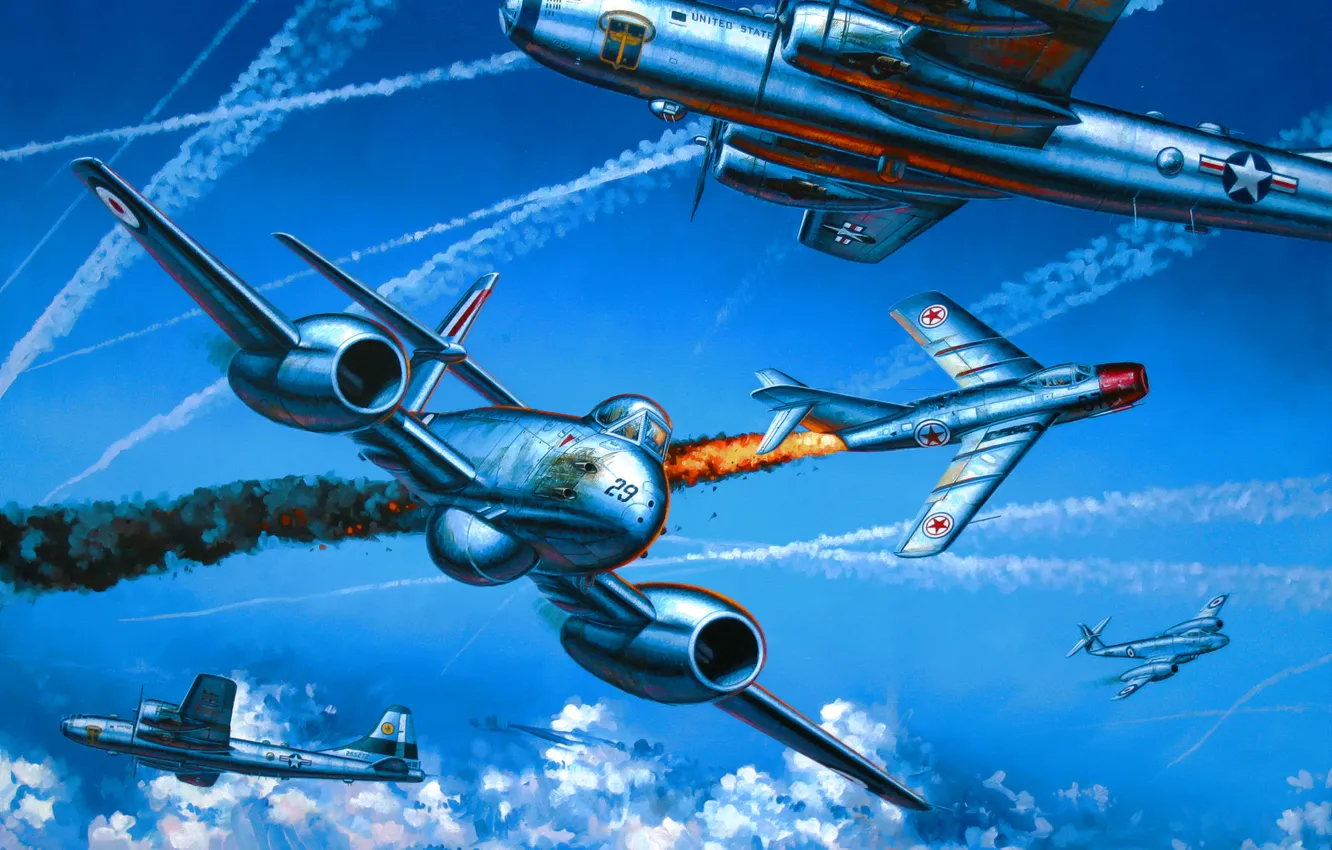 Photo wallpaper war, art, painting, aviation, B-29, Gloster Meteor, MIG-15