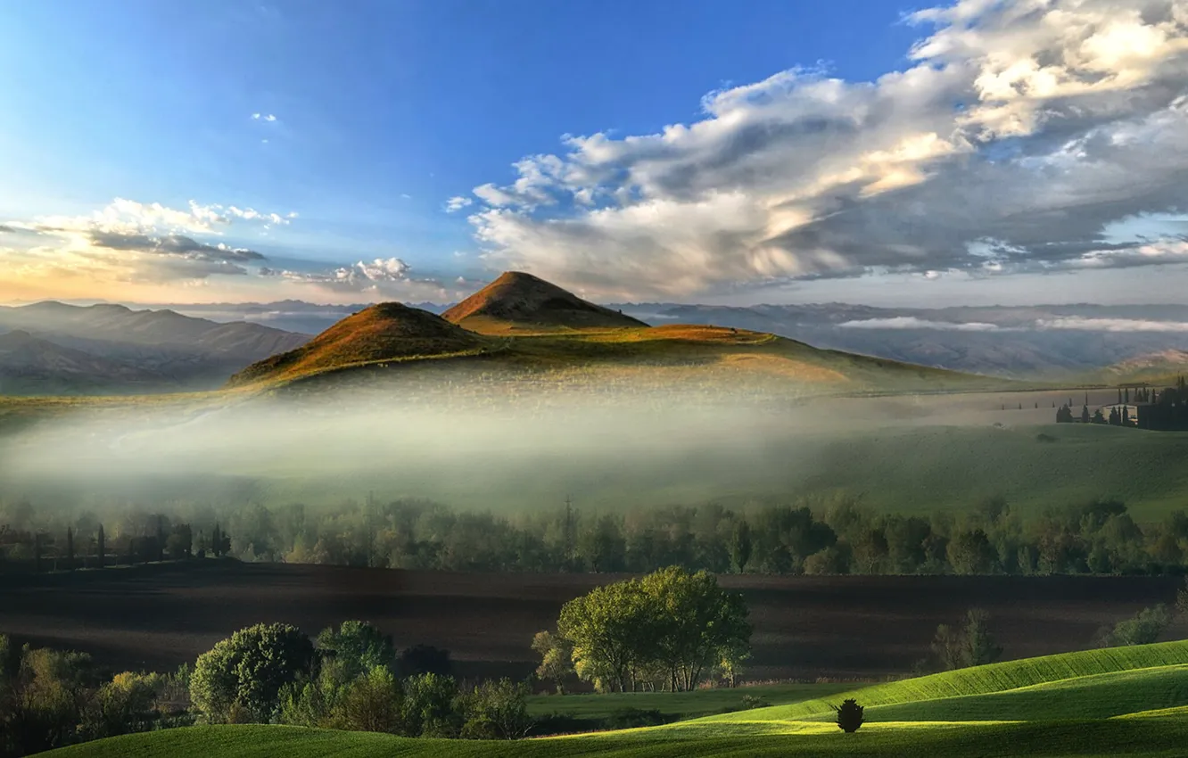 Photo wallpaper clouds, mountains, valley