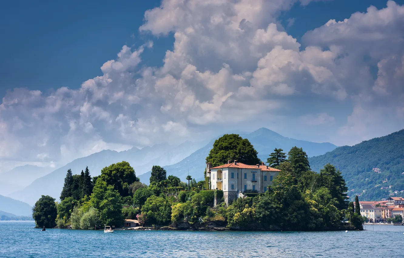 Photo wallpaper forest, summer, clouds, trees, mountains, fog, lake, shore